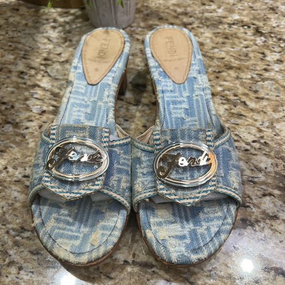 Fendi Distressed Denim w/ Gold Hardware & Cutout Block Heel Mules 38.5 - Picture 2 of 10